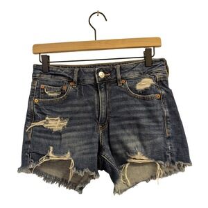 AE American Eagle Distressed Midi‎ Tomgirl Cut Off Shorts Stretch Dark Wash 2